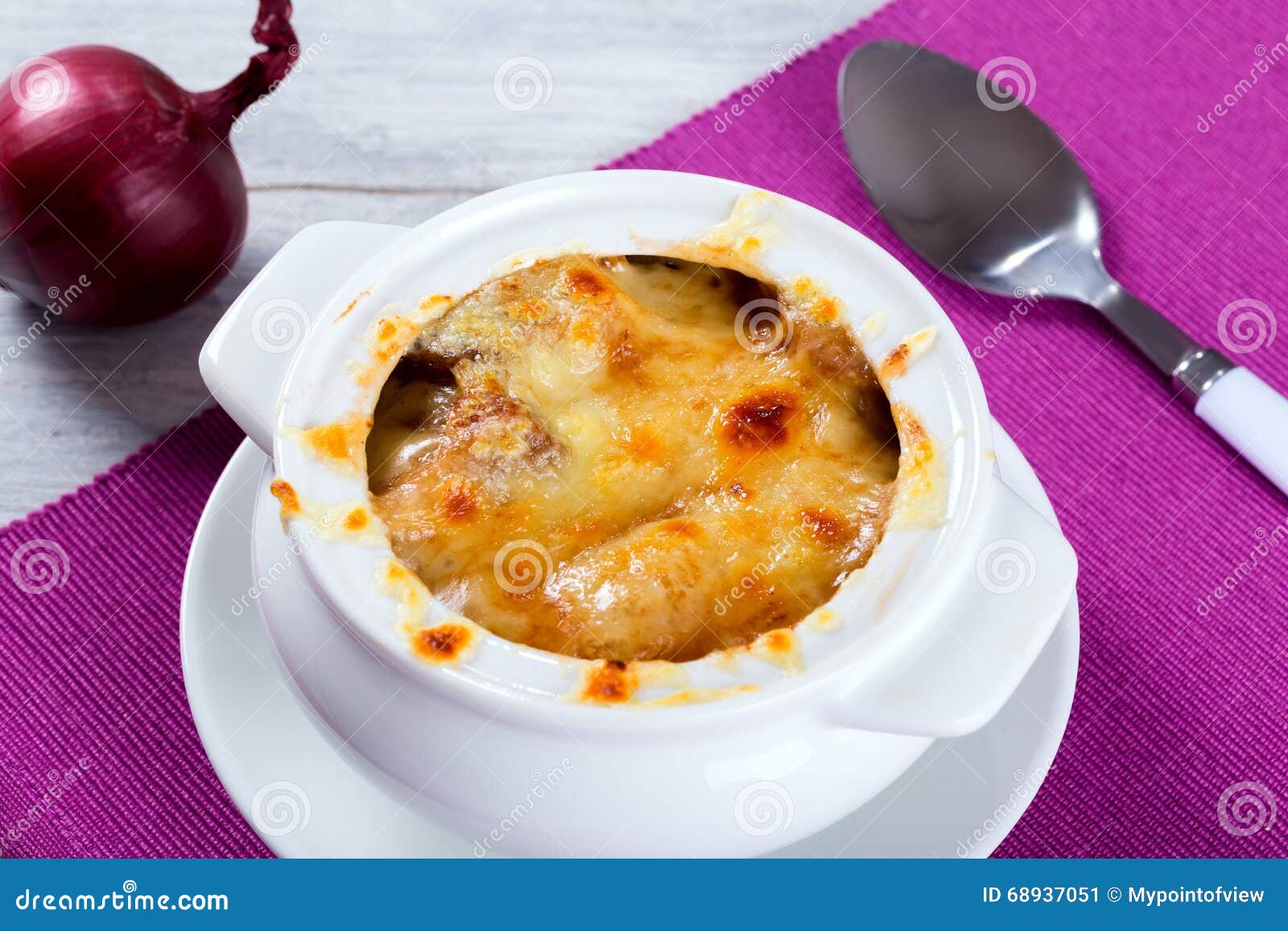 French Onion Gratin Soup in a White Pot, Closeup Stock Image Image