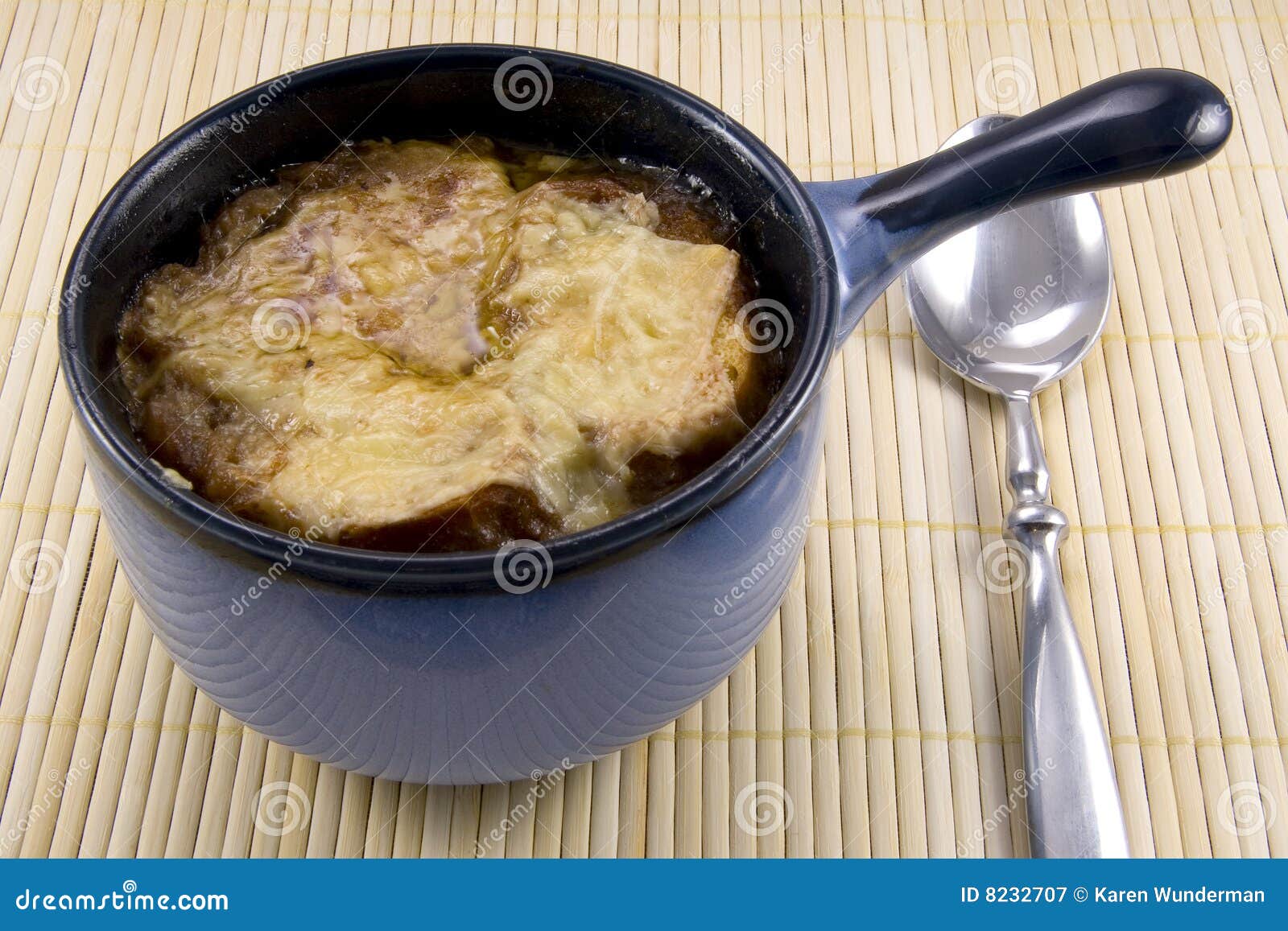 french onion soup in blue crock