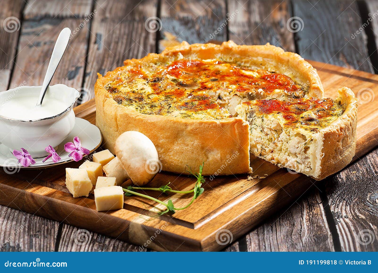 French Opened Pie Quiche With Chicken On A Wood Board Stock Photo ...