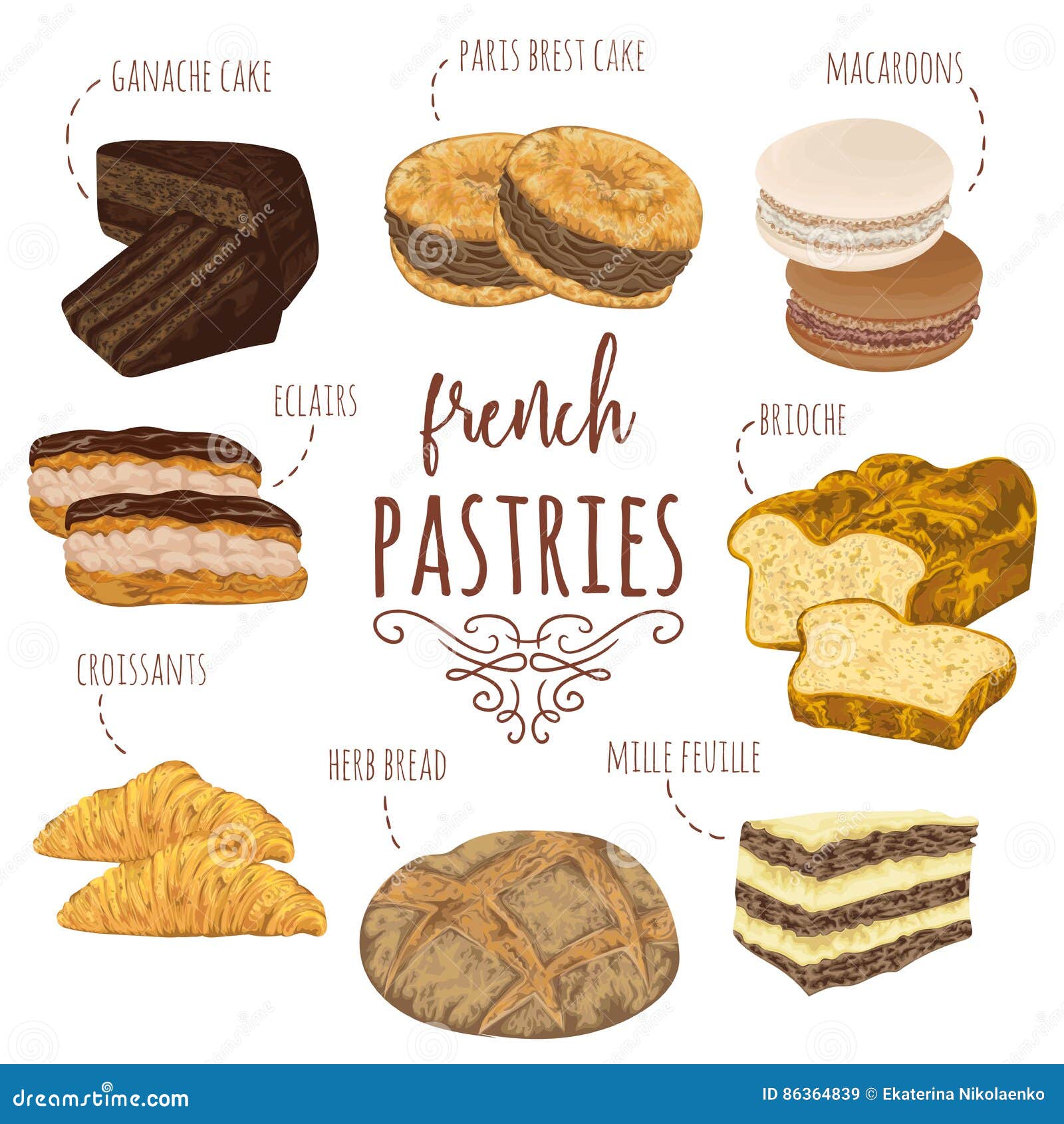 French Pastries Collection. Brioche, Macaroons, Croissants, Herb Bread