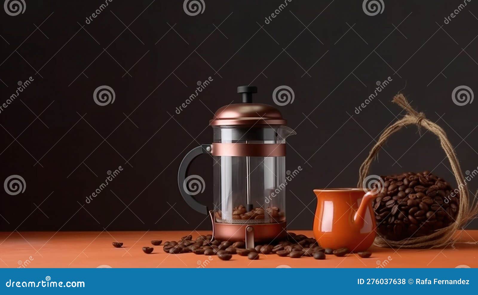 French Press with Black Tea or Espresso Coffee on the Kitchen Table. AI