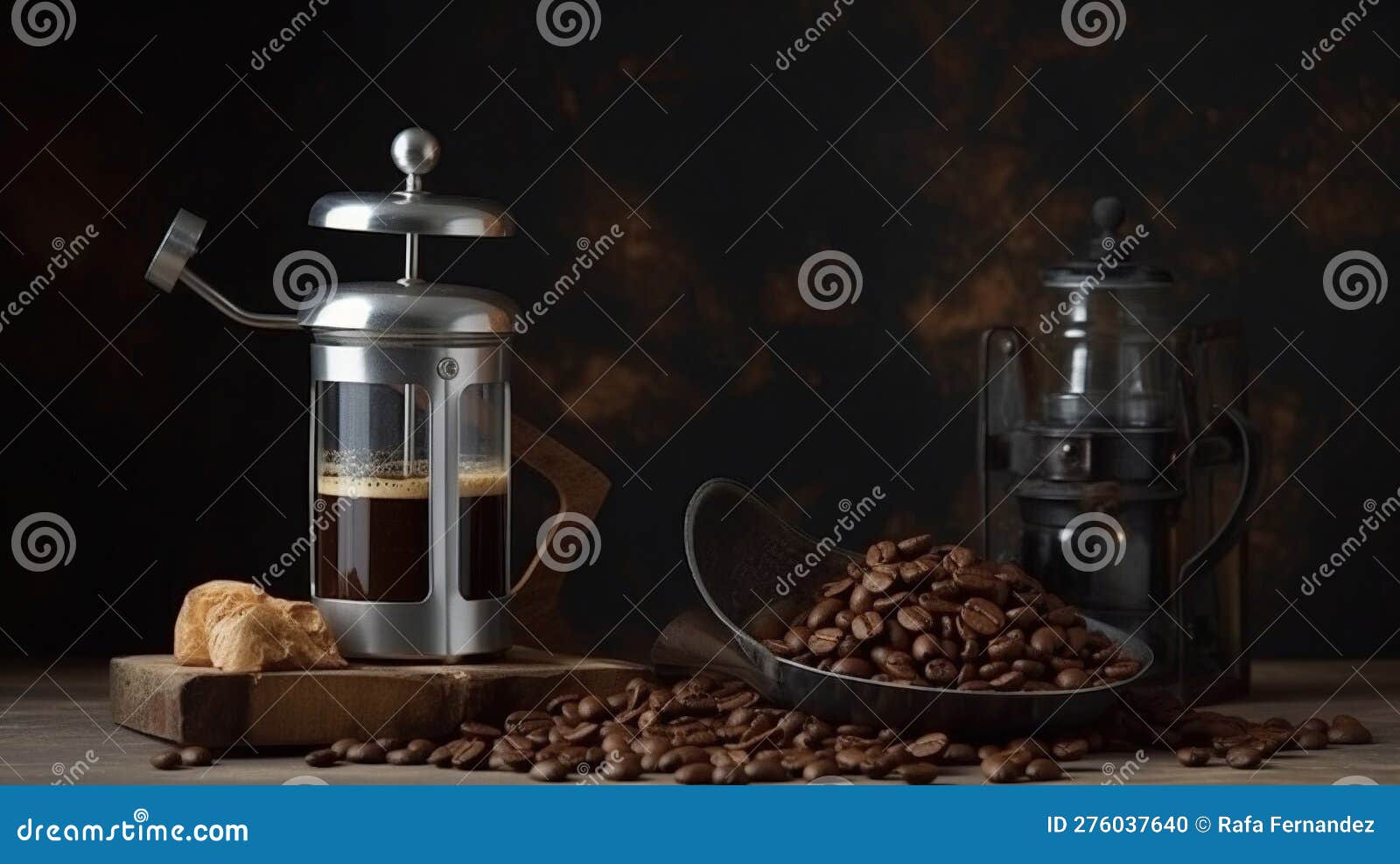 French Press with Black Tea or Espresso Coffee on the Kitchen Table. AI