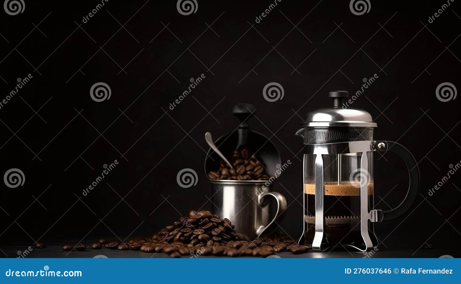 French Press with Black Tea or Espresso Coffee on the Kitchen Table. AI