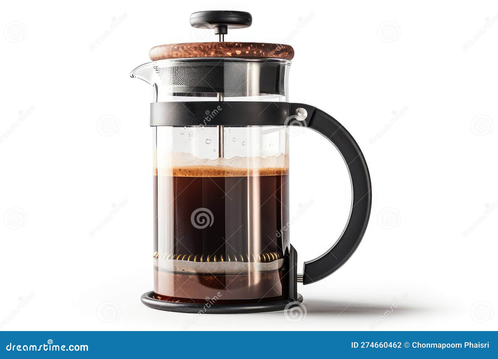 French Press Coffee Made by Steeping Ground Coffee Beans in Hot Water
