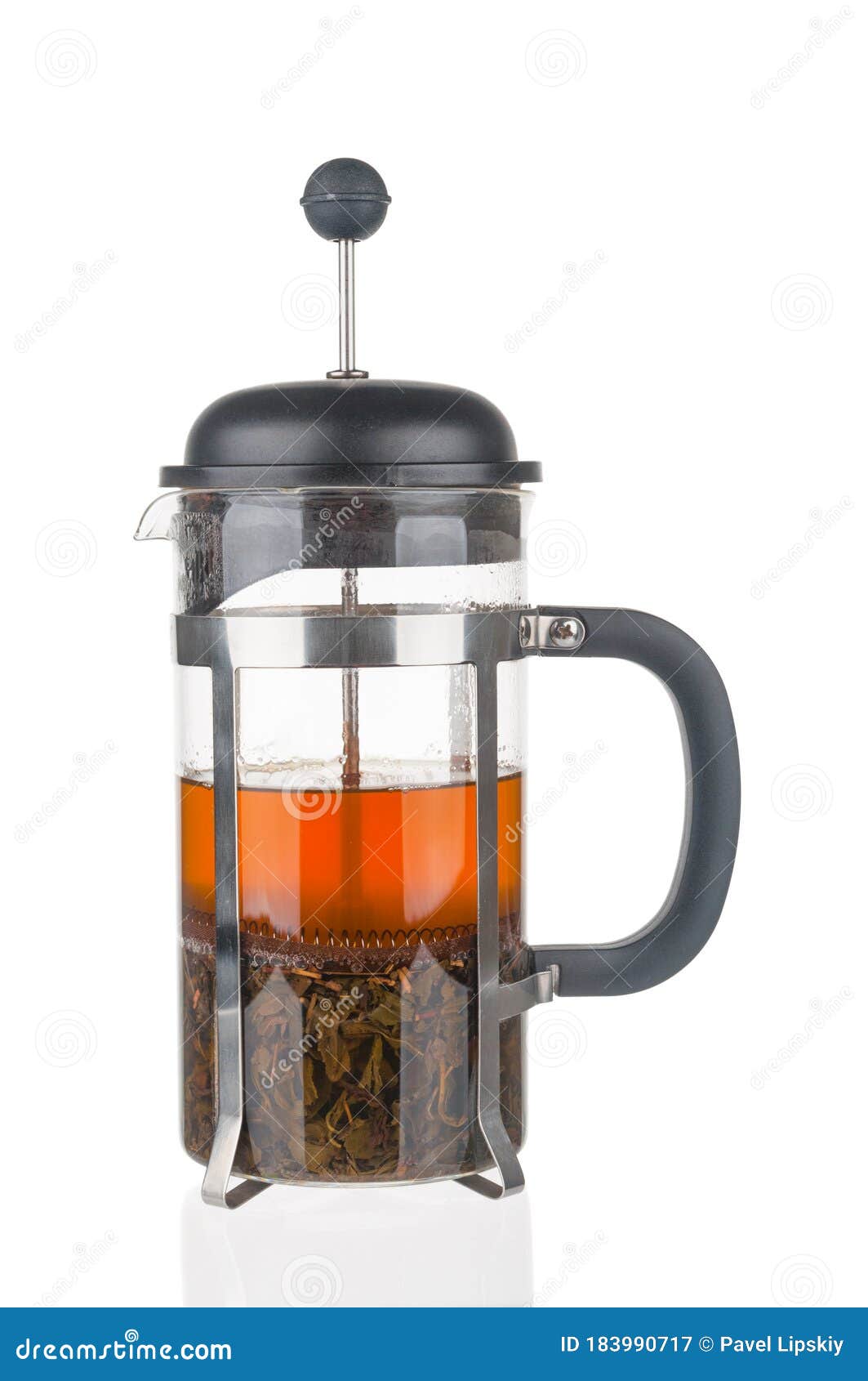 French Press with Fresh Tea Close Up on White Background Stock Image