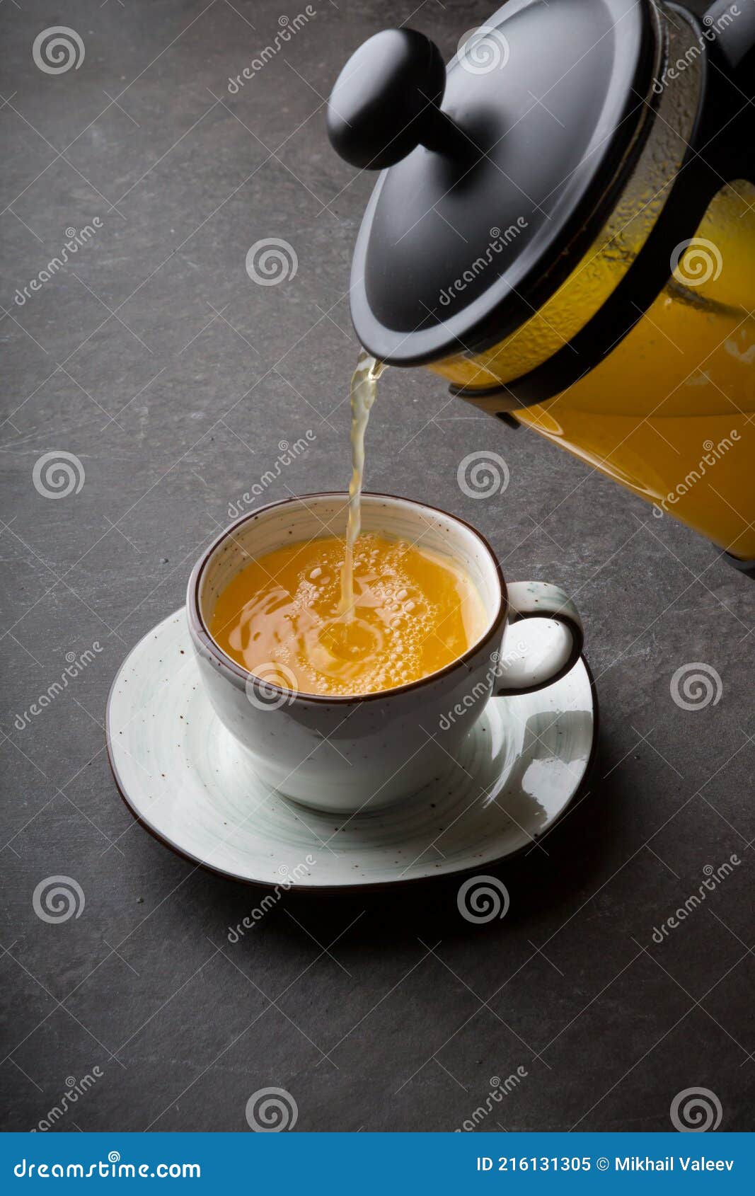 French Press with Yellow Herbal Tea on a Table Stock Image Image of