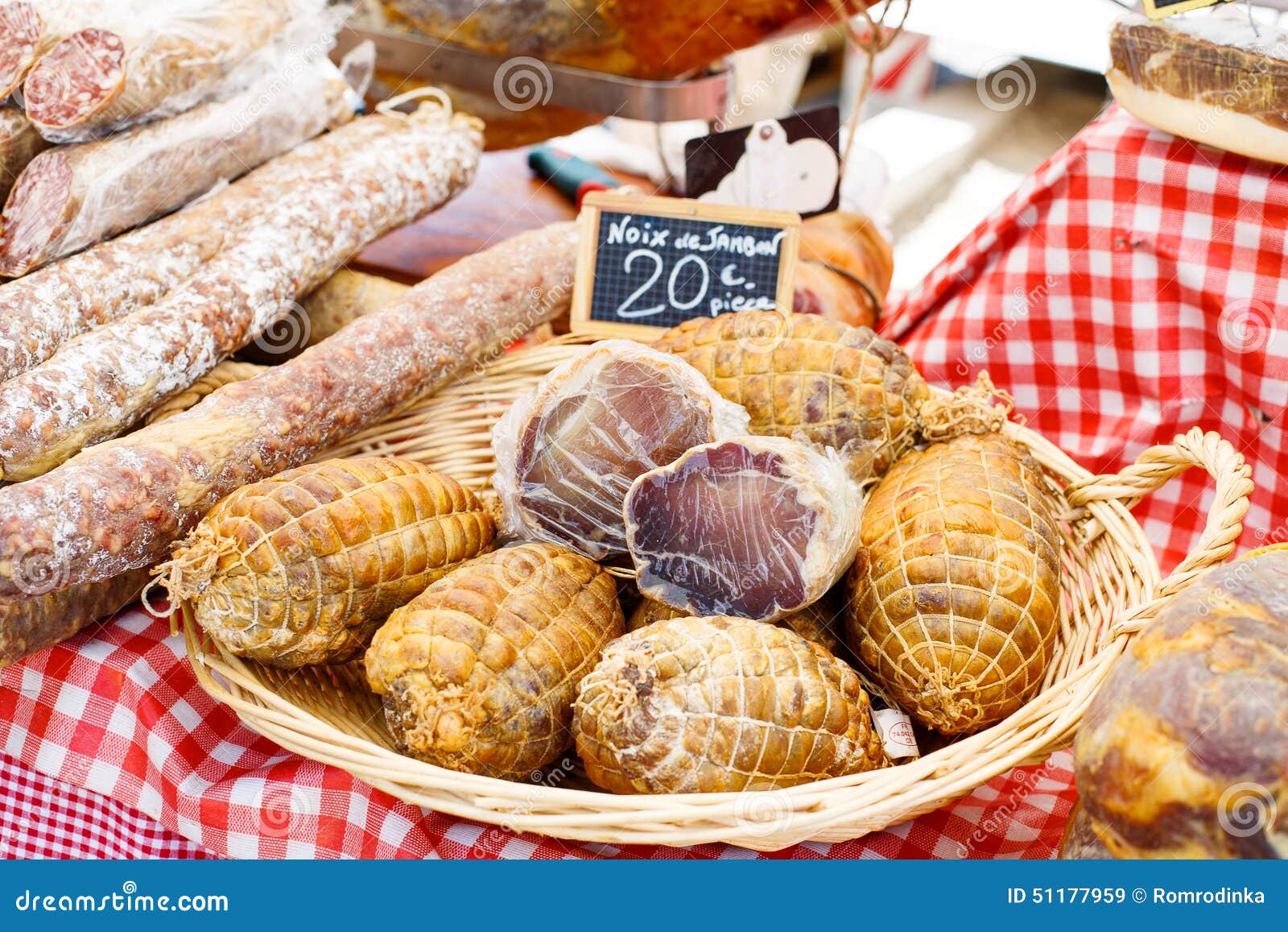 french saucissons and ham display in market in south of france