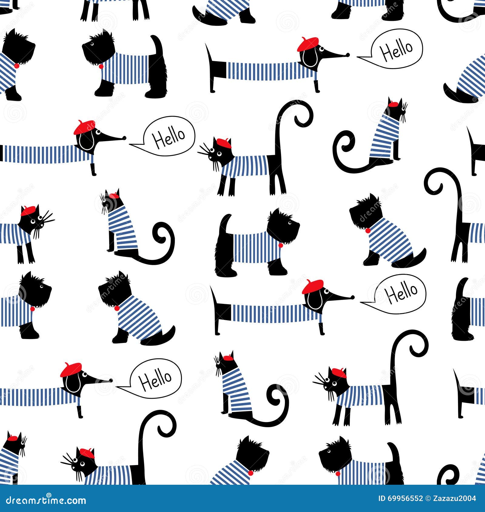 french style animals seamless pattern. cute cartoon parisian dachshund, cat and scottish terrier  .