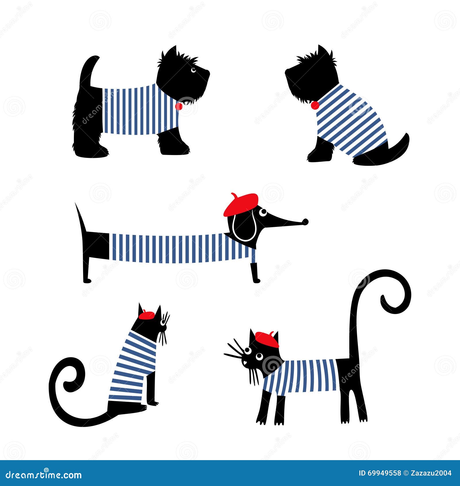 french style animals set. cute cartoon parisian dachshund, cat and scottish terrier  .