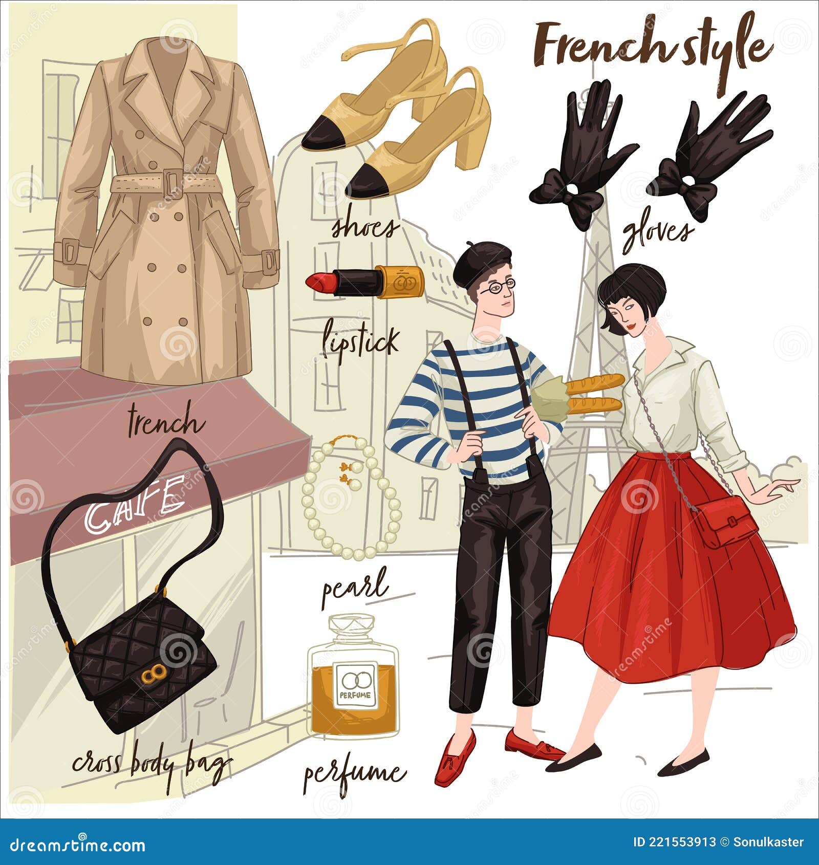 French Style Male and Female Clothes and Fashion Stock Vector