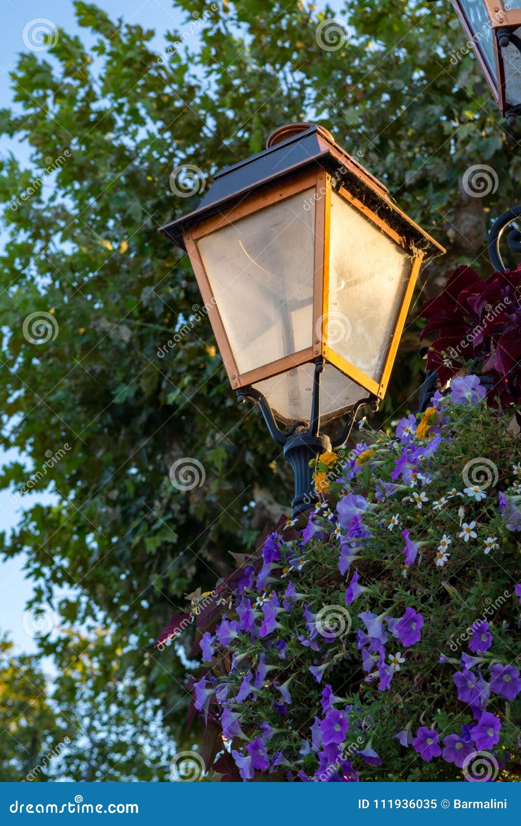 French Style Old Vintage Street Light in Small Village in Proven Stock