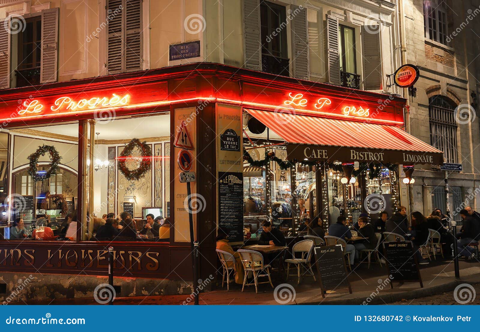 The French Traditional Bistrot Le Progres at Night, Paris, France ...