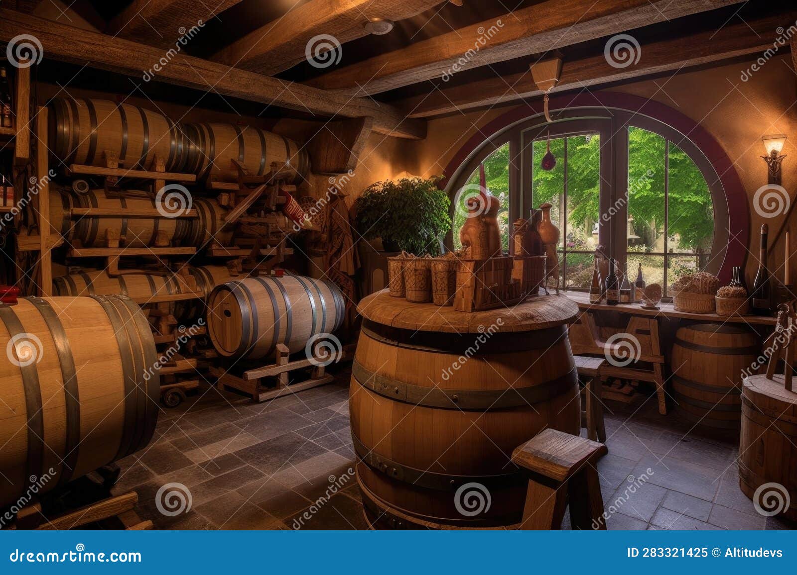 French Vineyard Wine Cellar with Oak Casks Stock Image Image of
