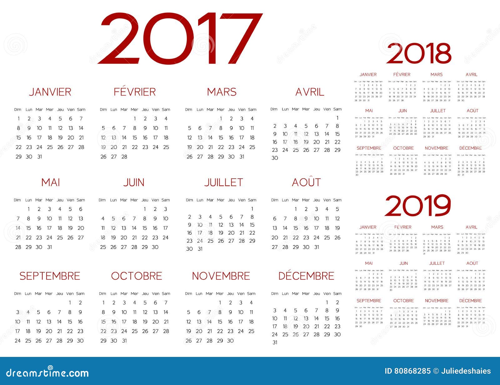 french 2017 year  calendar