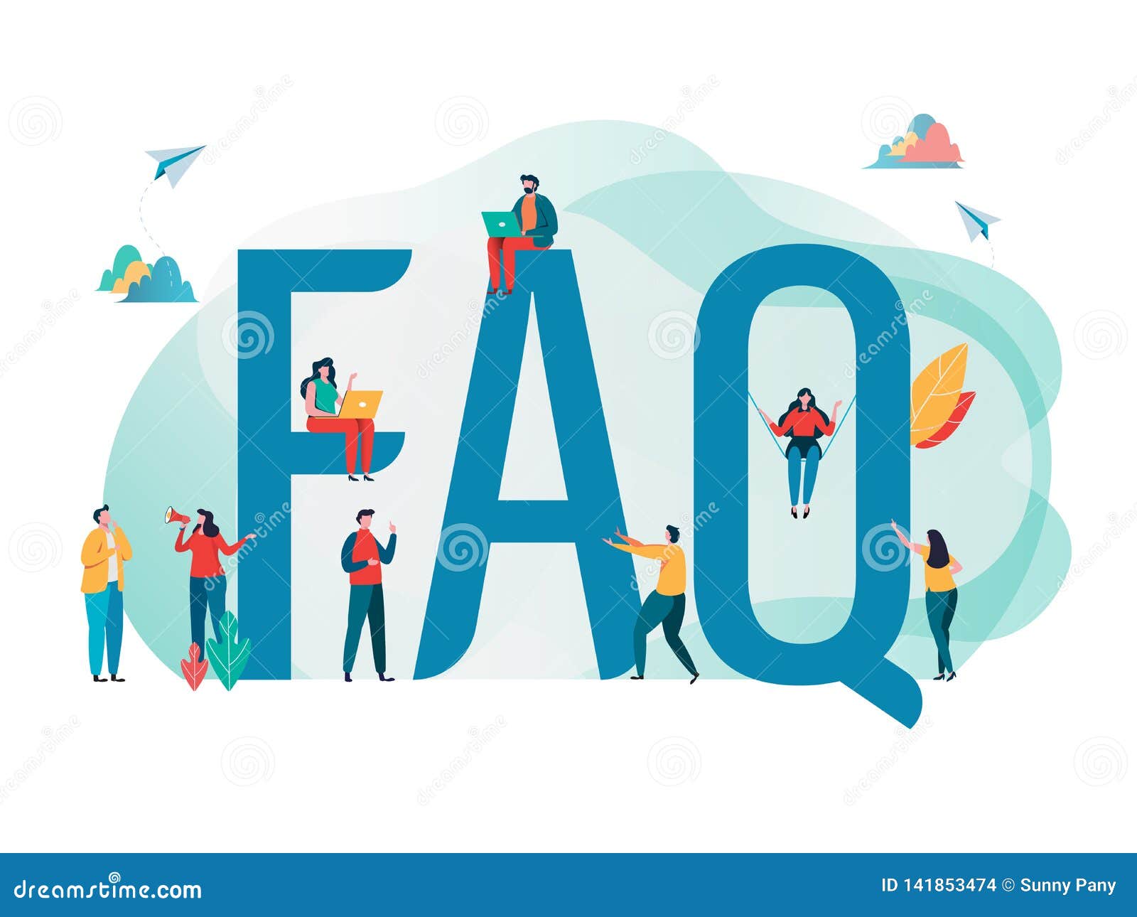 frequently asked questions concept. people`s with big letter word. flat cartoon character graphic . landing page