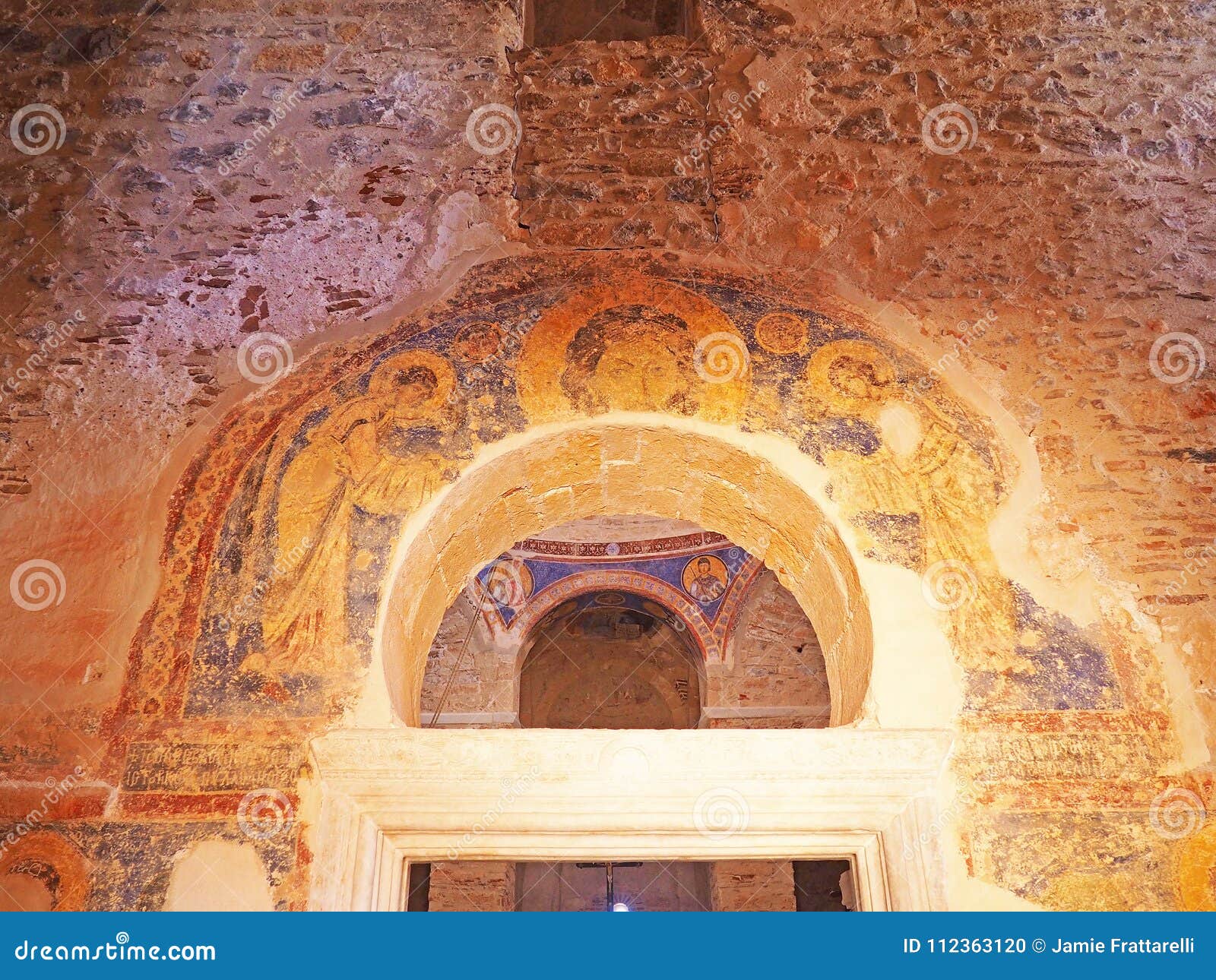 Fresco And Arched Doorway Inside A Byzantine Church Stock