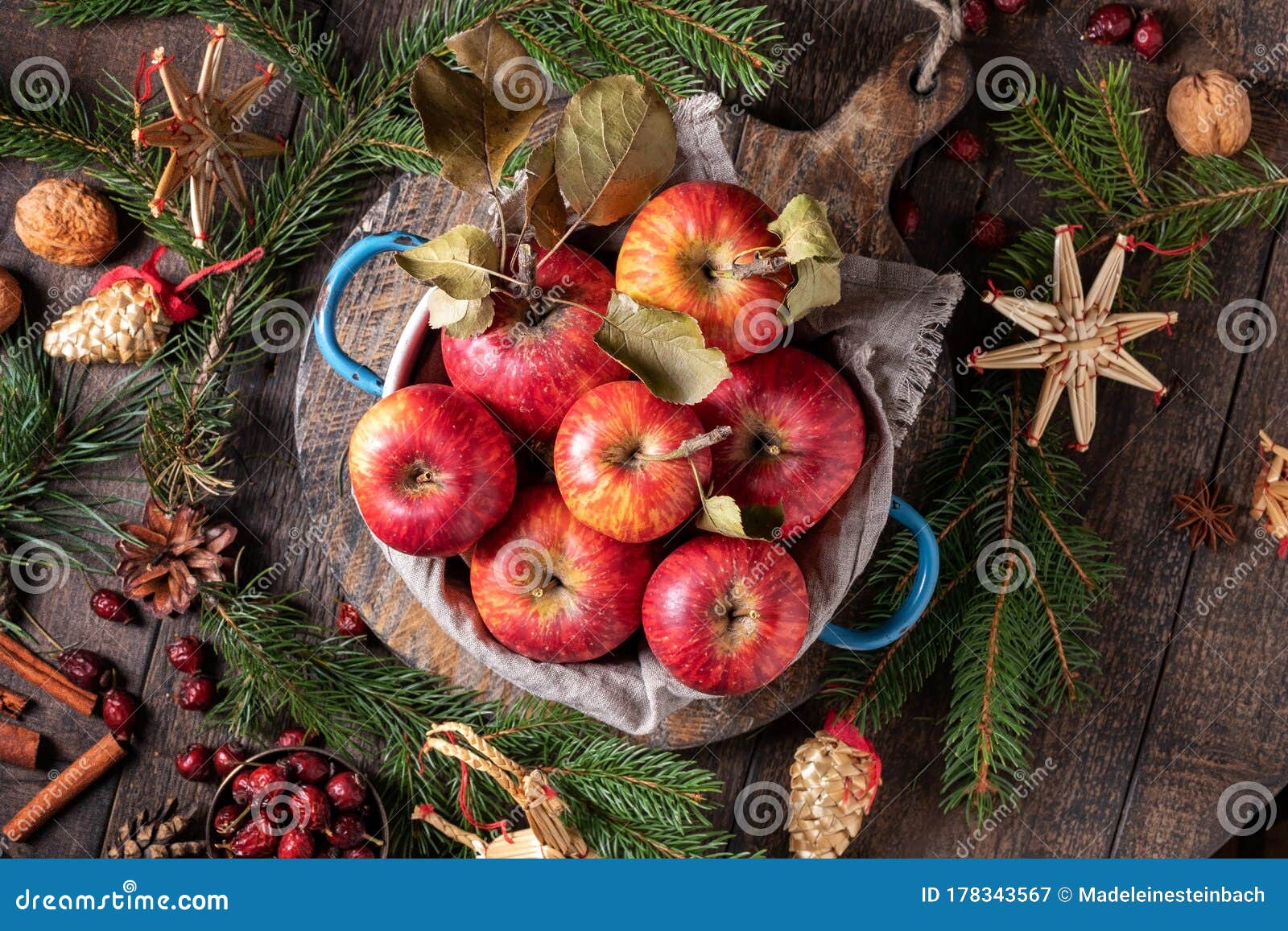 Fresh Apples with Christmas Decoration Stock Image - Image of leaf ...