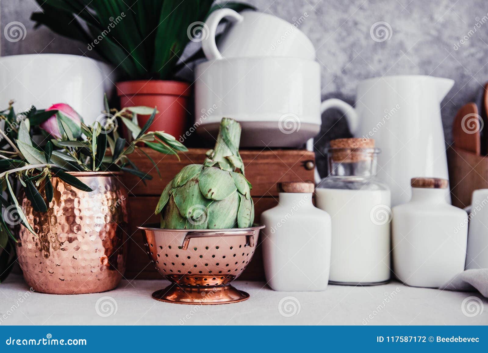 Fresh Artichoke, Rustic Kitchen Interior, Stock Photo Image of