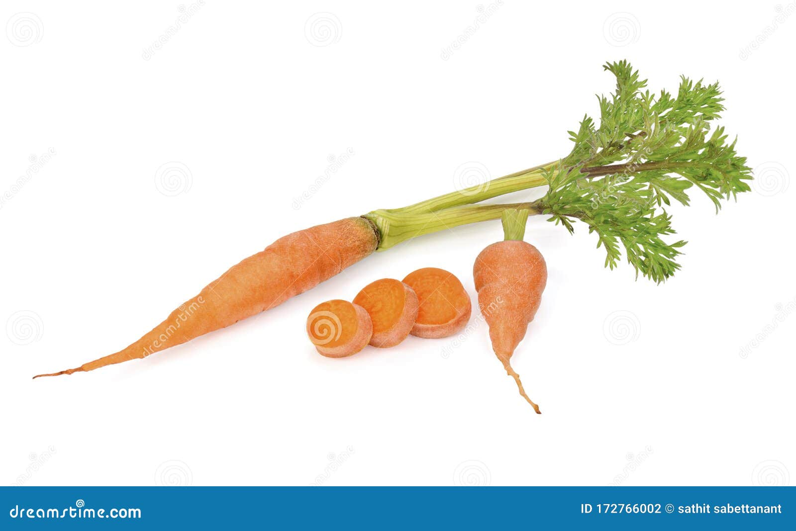 Fresh Baby Carrots with Separate Leaves on White Background Stock Photo