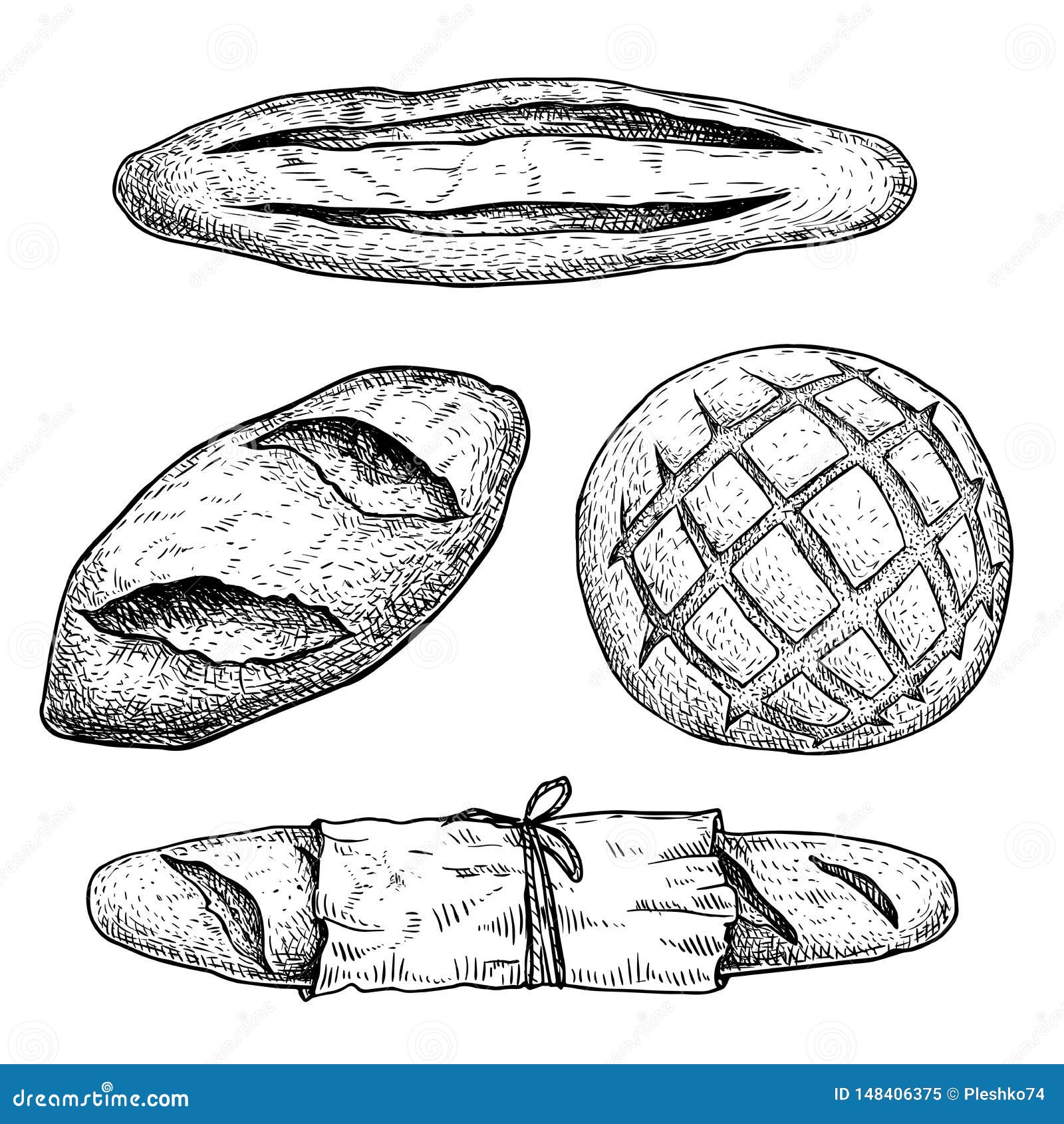 fresh baked bread set. french baguette, loaf buns, bun with paper package. top view. hand drawn sketch style s for bak