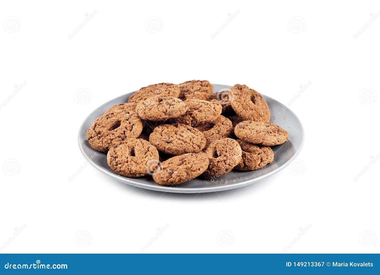 Fresh Baked Chocolate Chip Cookies Heap On Grey Plate Isolated On White