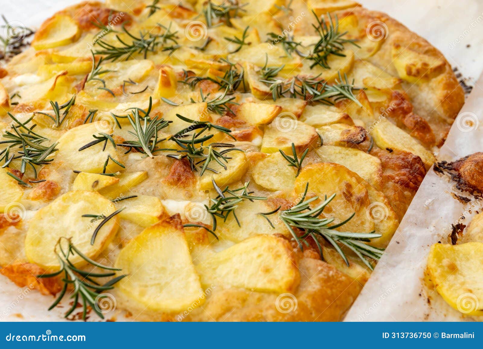 fresh baked focaccia or pala romana pizza with potato vegetables and rosemary in bakery in parma, emilia romania, italy