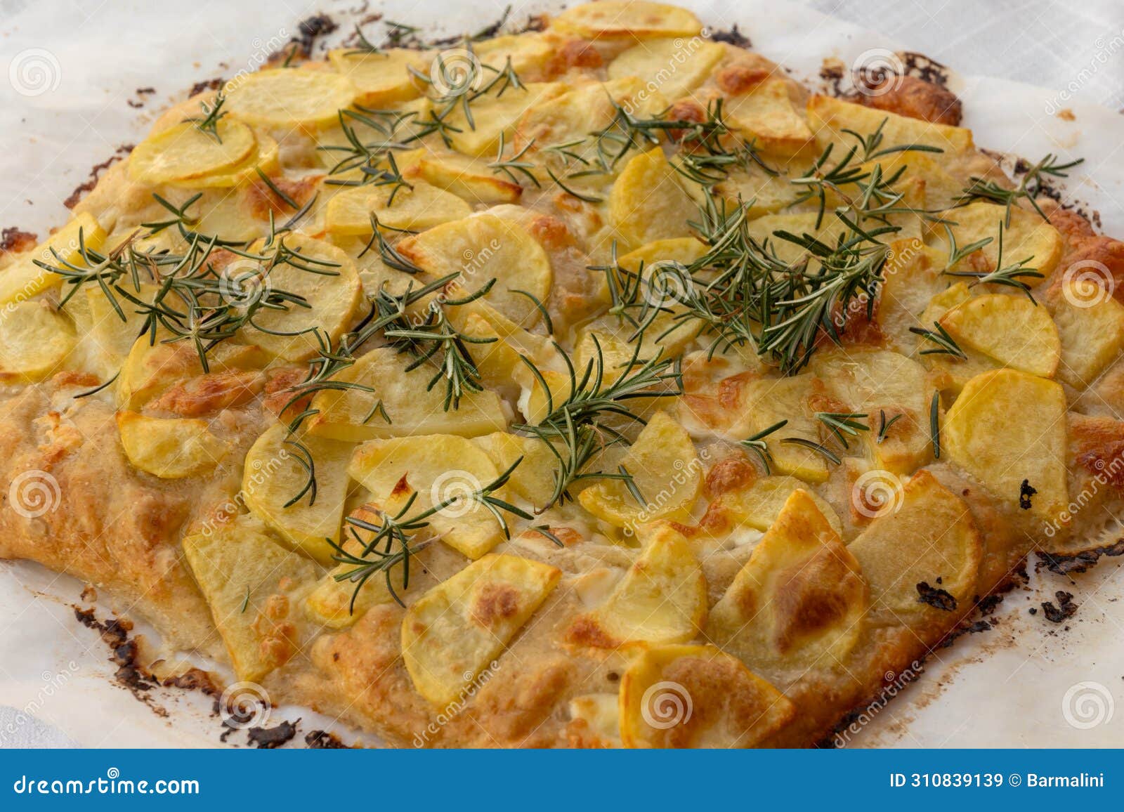 fresh baked focaccia or pala romana pizza with potato vegetables and rosemary in bakery in parma, emilia romania, italy