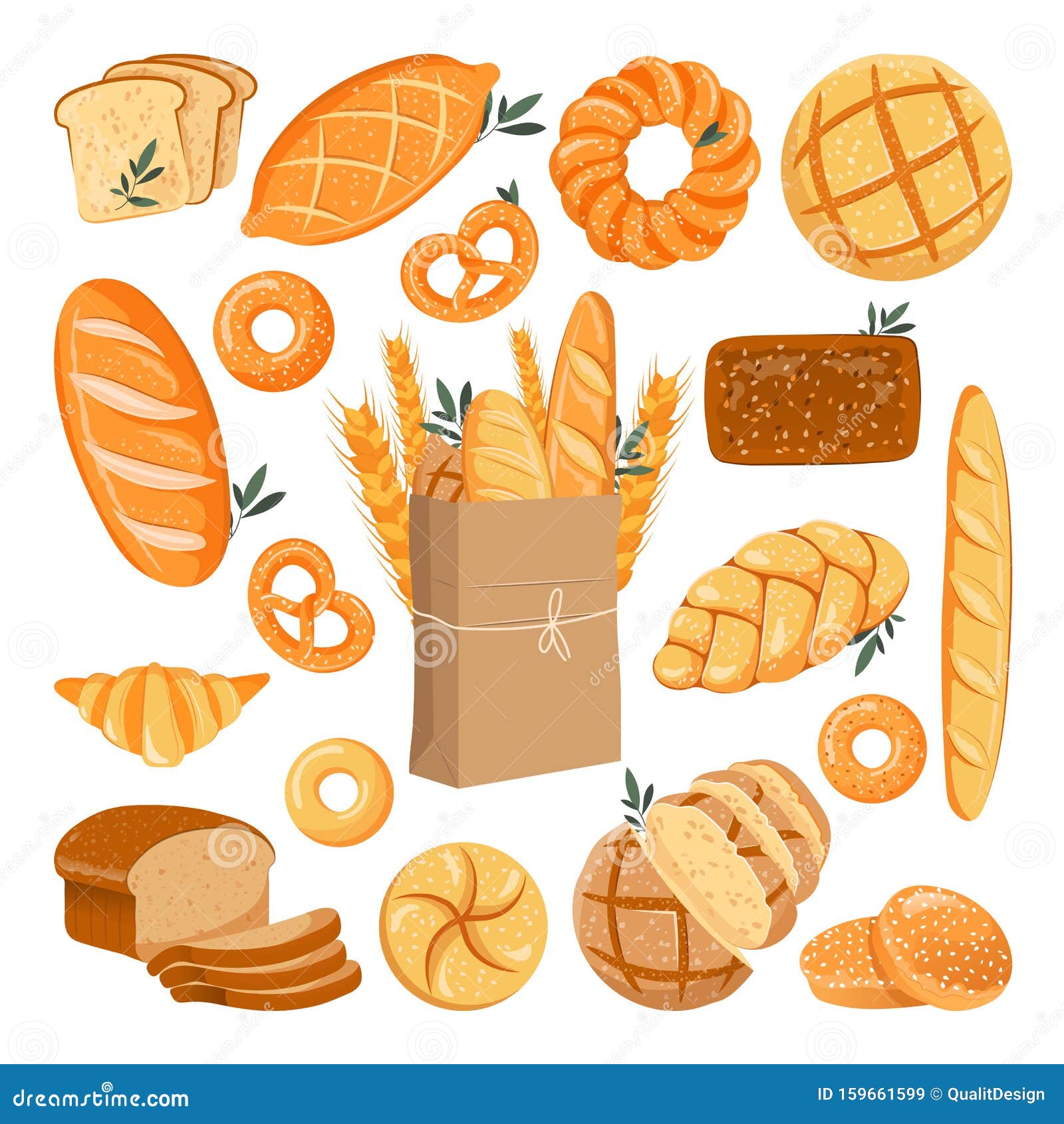 fresh baked grain bread set.  flat cartoon . bakery  s,  on white background