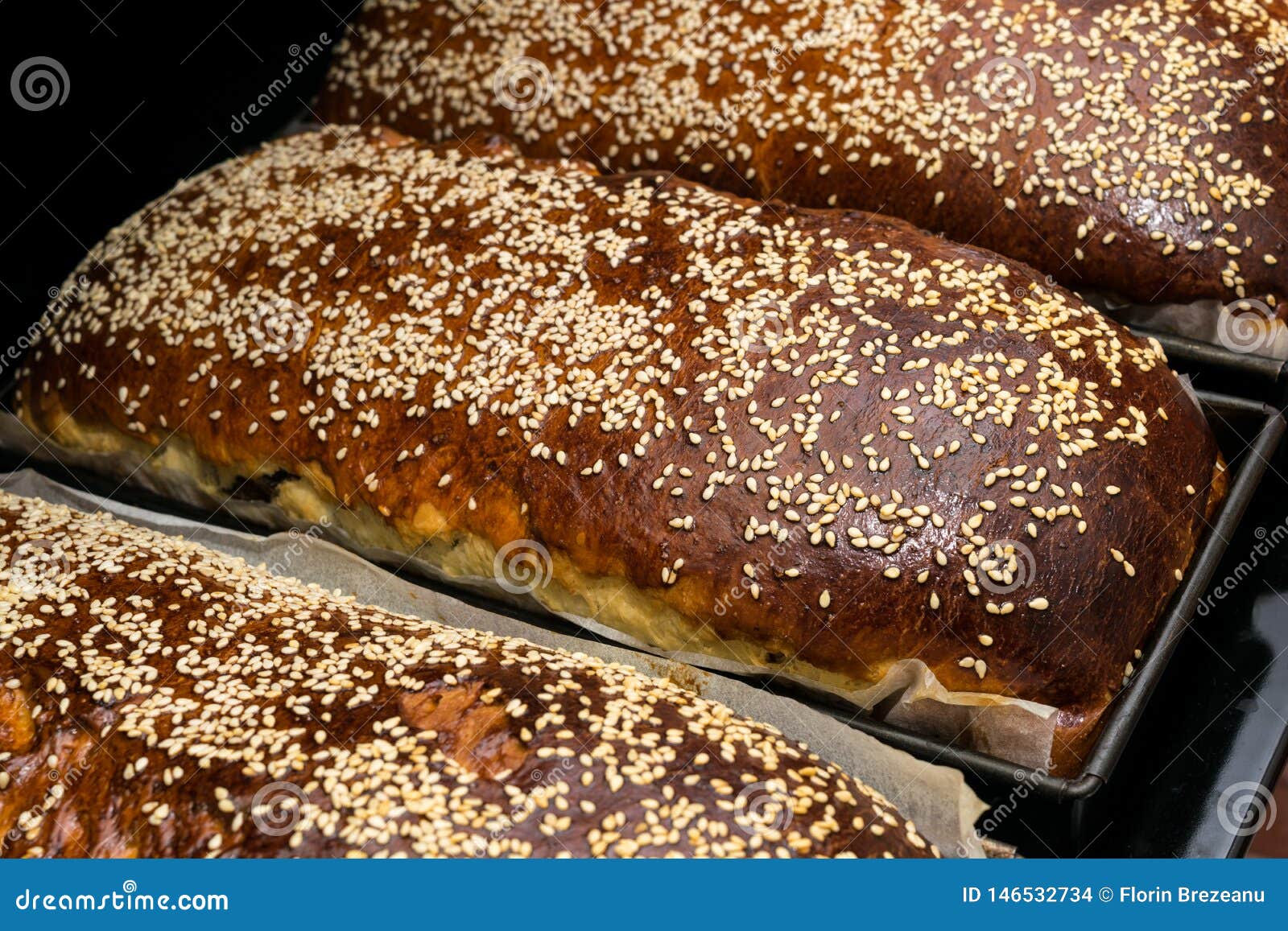 Fresh Baked Sweet Bread Covered with Sesame Seeds Stock Photo Image