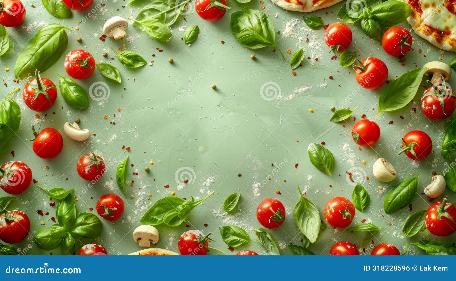 fresh basil leaves and cherry tomatoes on a verdant background for gourmet cooking ingredients concept