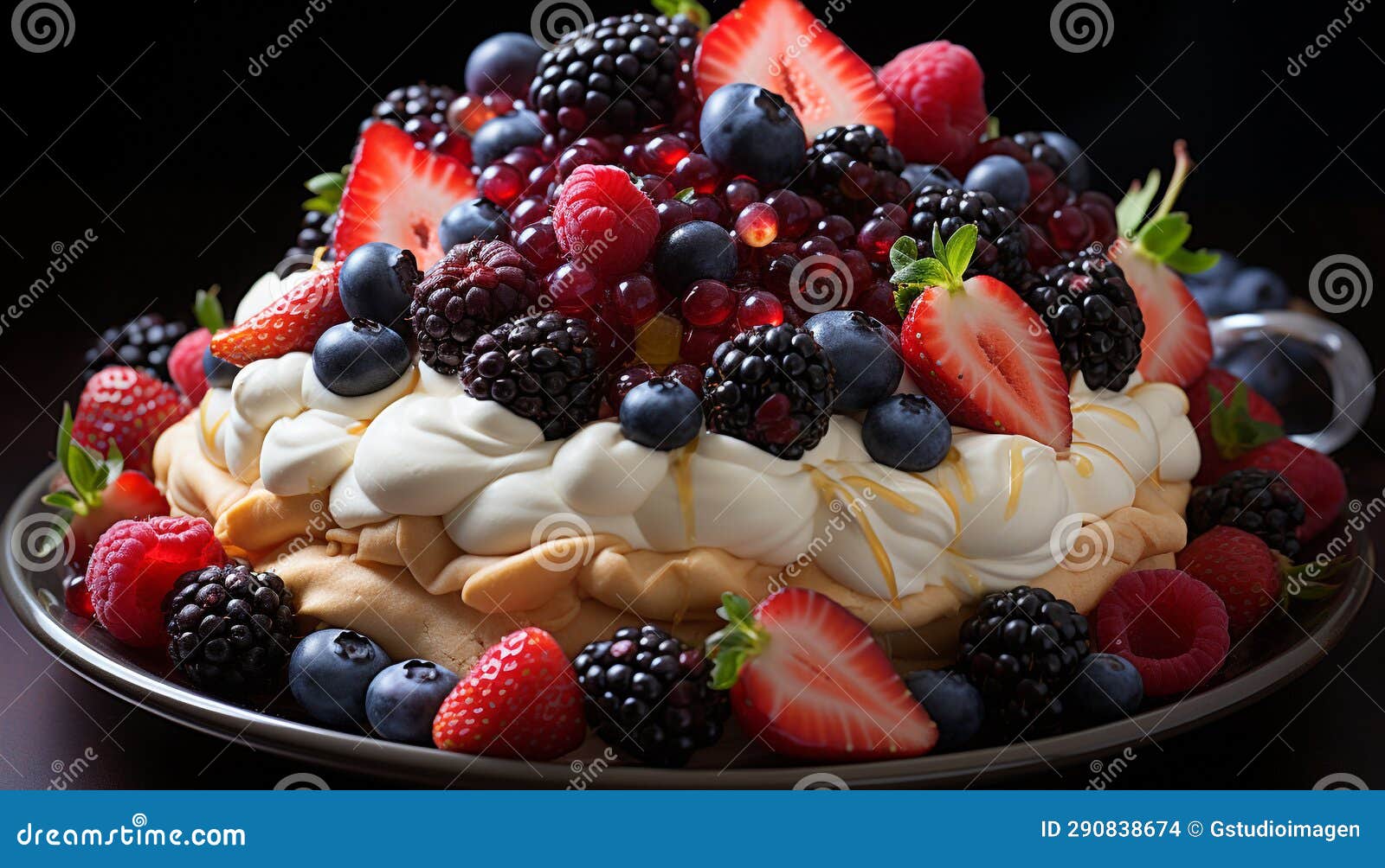 Fresh Berry Dessert with Whipped Cream and Chocolate Decoration