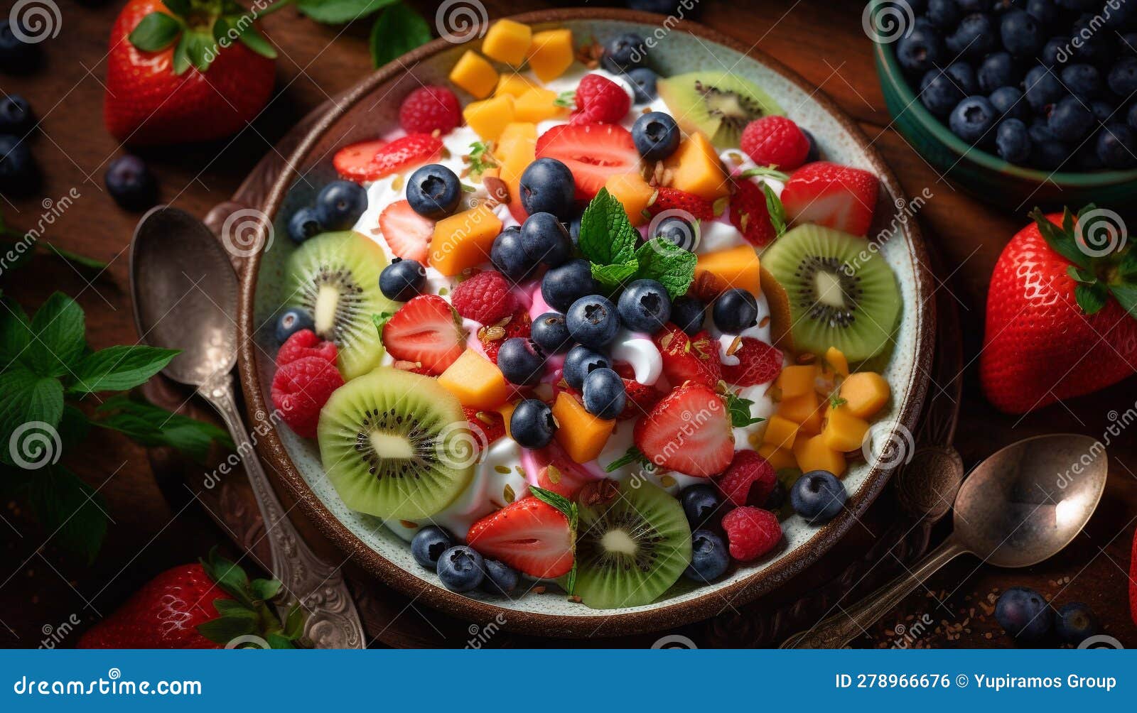 Fresh Berry Salad with Granola, Yogurt, and Mint Leaf Garnish Generated