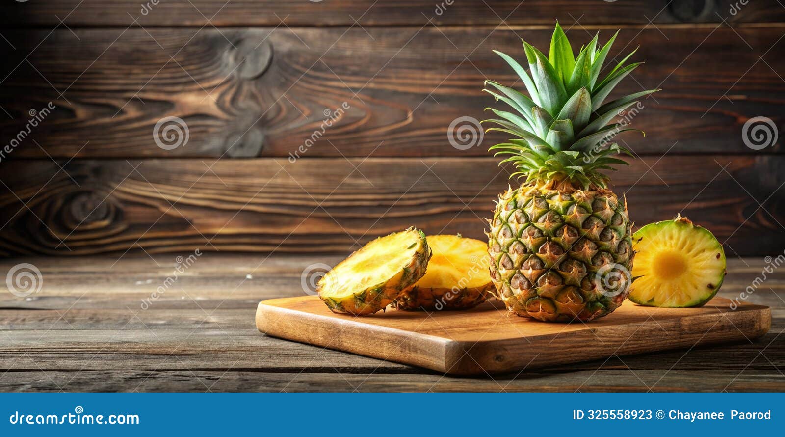 fresh bio pineapple cut in slices on a wooden board ai-created content