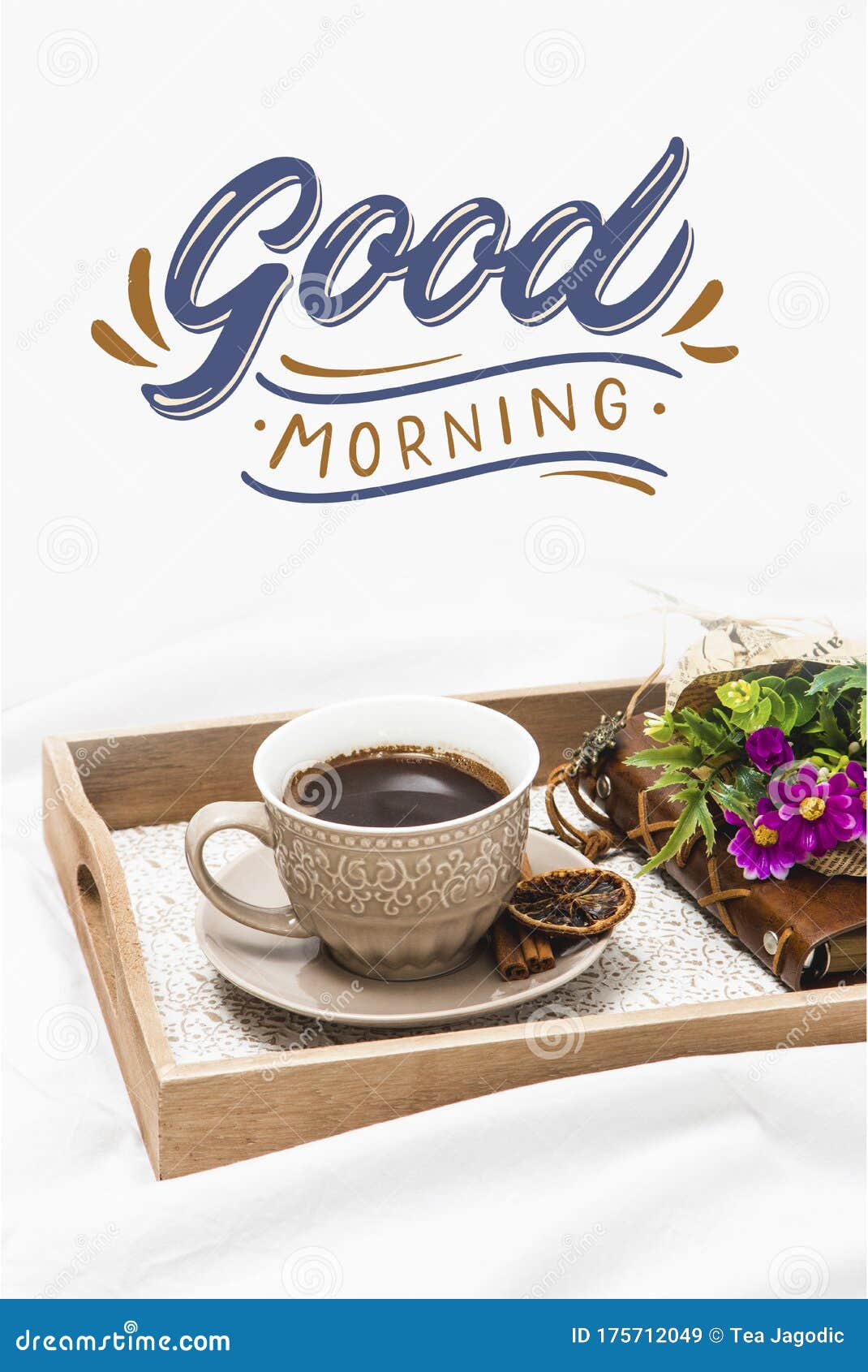 Fresh Morning Coffee on a Board on a Bed Sheet with Text Good ...