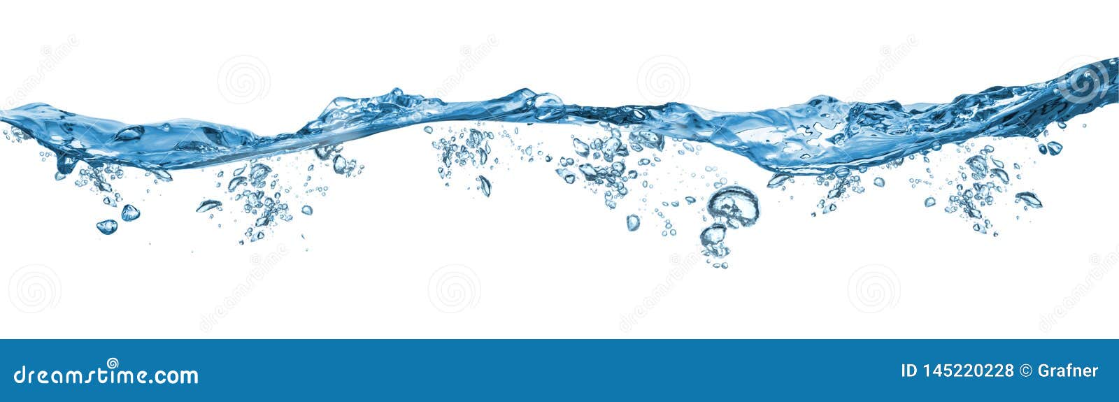 fresh blue natural drink water wave wide panorama bubbles concept  white background