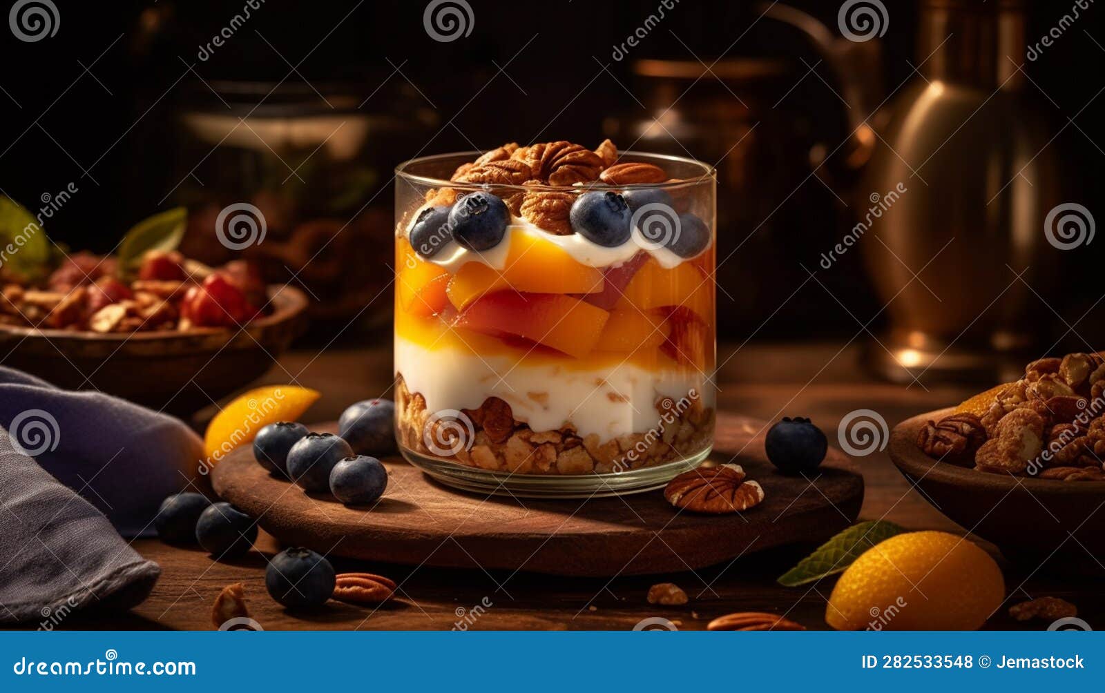 Fresh Blueberry Yogurt Parfait with Granola and Honey Drizzle Generated