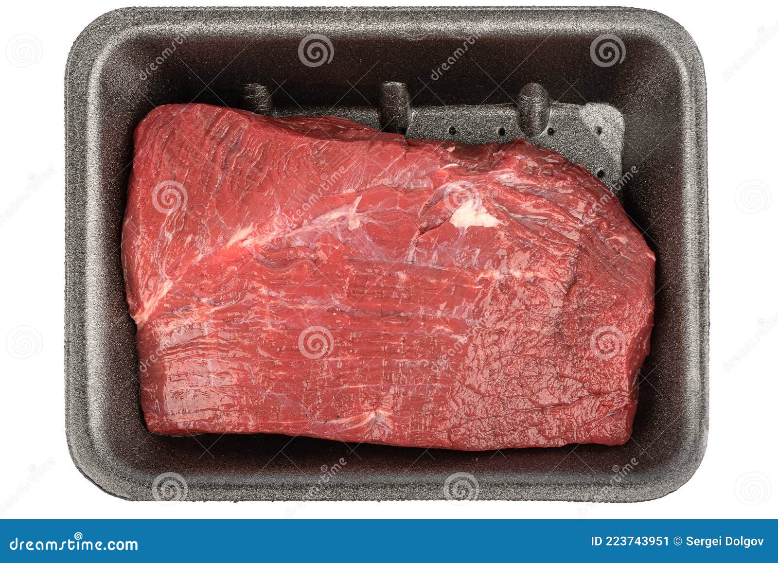 Fresh Boneless Beef Meat in a Plastic Tray Over White Background. Stock