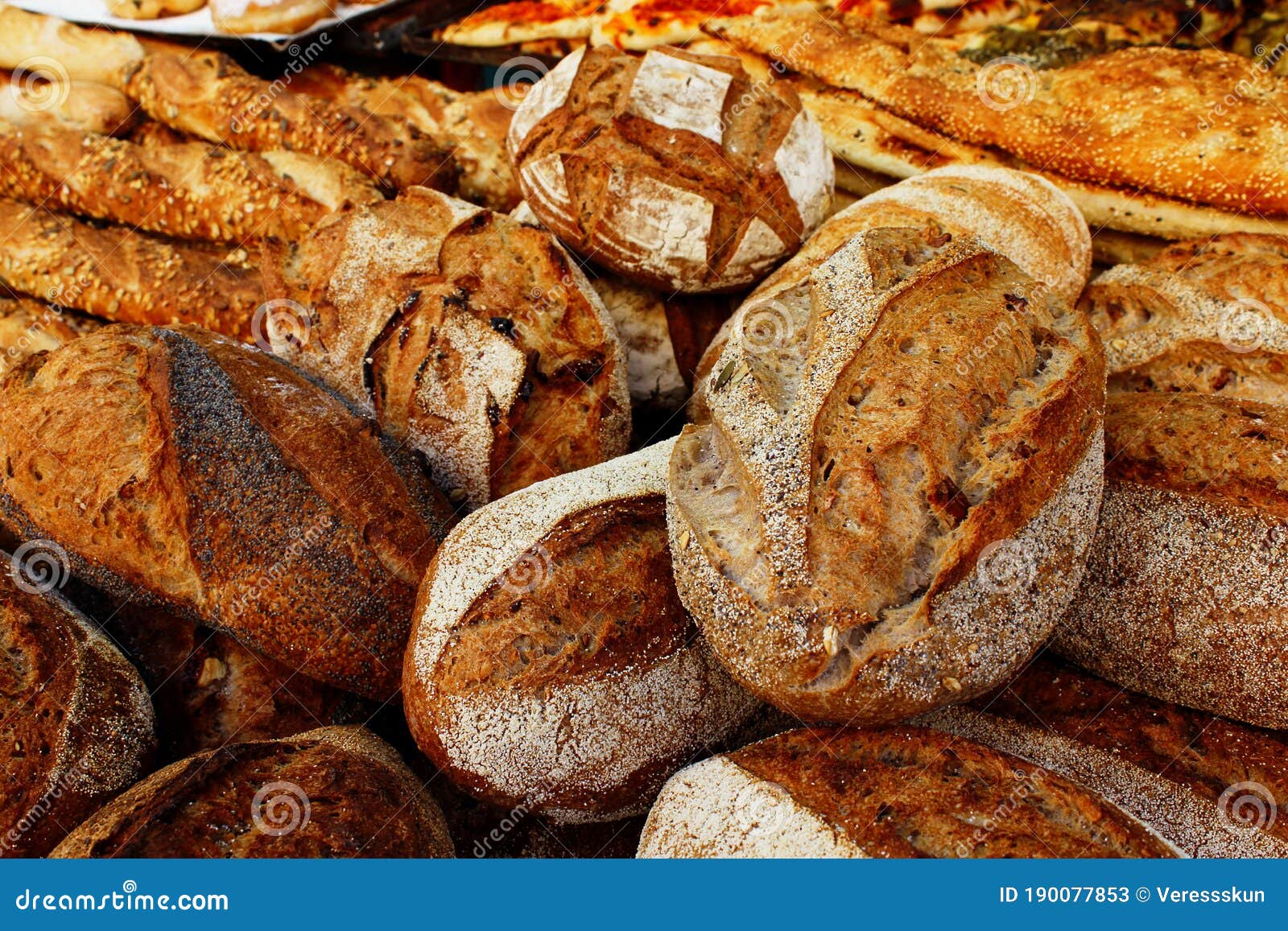 Fresh Bread on the Counter in the Market. Rye Bread, White Bread Stock