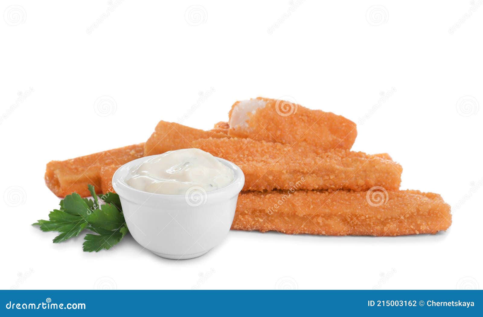 Fresh Breaded Fish Fingers with Parsley and Sauce on White Background