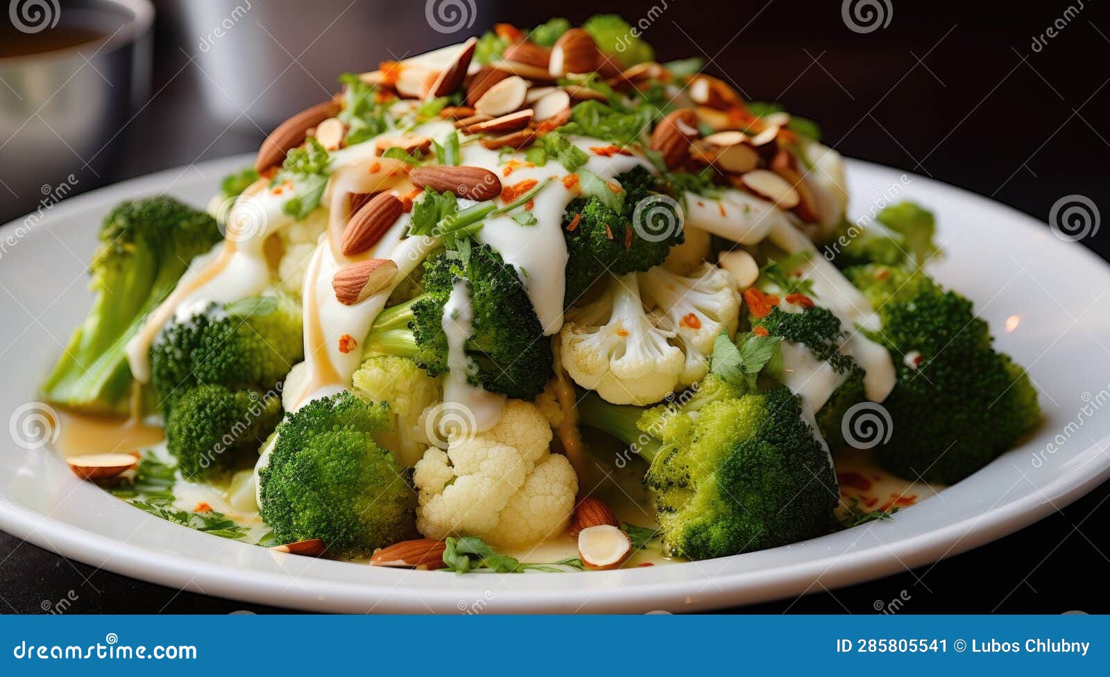 Fresh Broccoli and Cauliflower Salad with Tahini Dressing on Plate