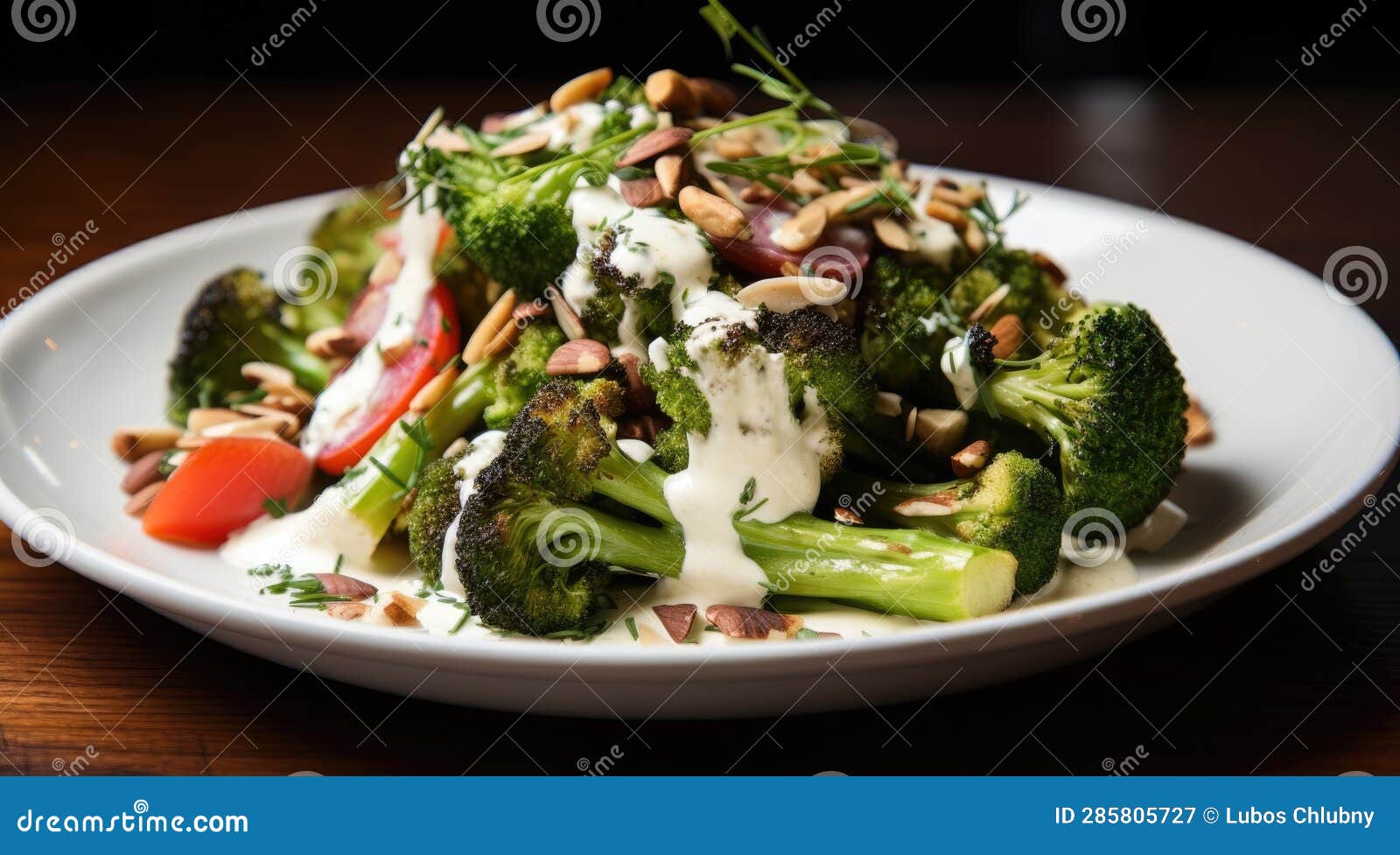 Fresh Broccoli and Cauliflower Salad with Tahini Dressing on Plate