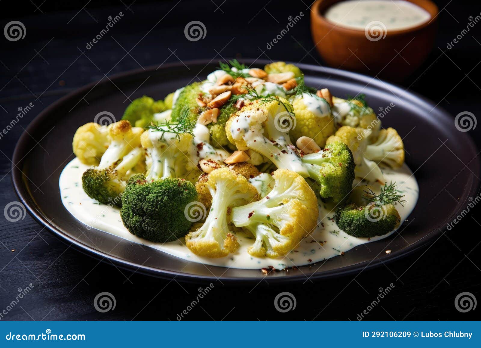 Fresh Broccoli and Cauliflower Salad with Tahini Dressing on Plate