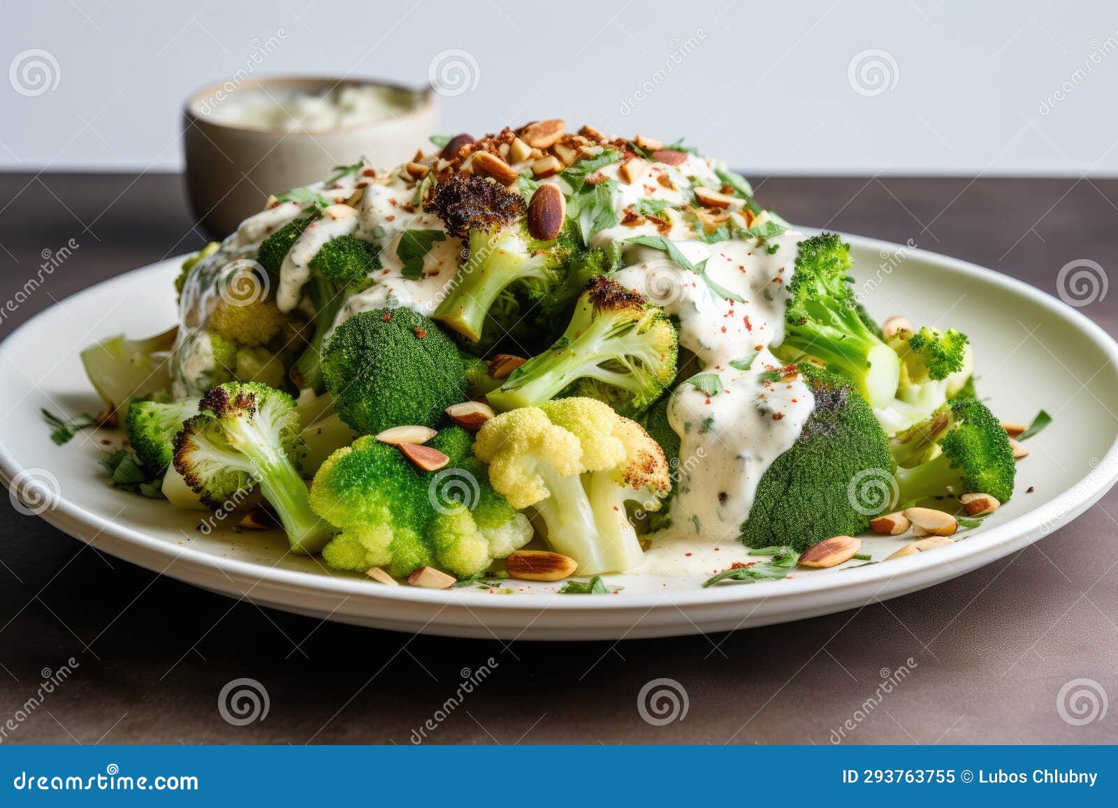 Fresh Broccoli and Cauliflower Salad with Tahini Dressing on Plate