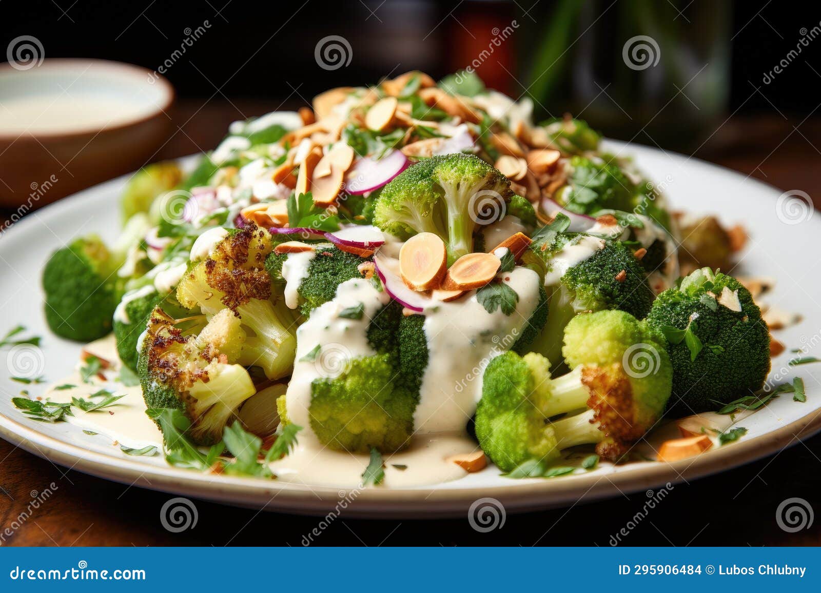 Fresh Broccoli and Cauliflower Salad with Tahini Dressing on Plate