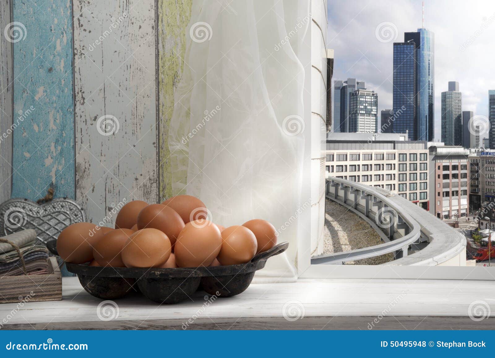 Fresh Brown Eggs on Window Sill, in the City Stock Photo Image of
