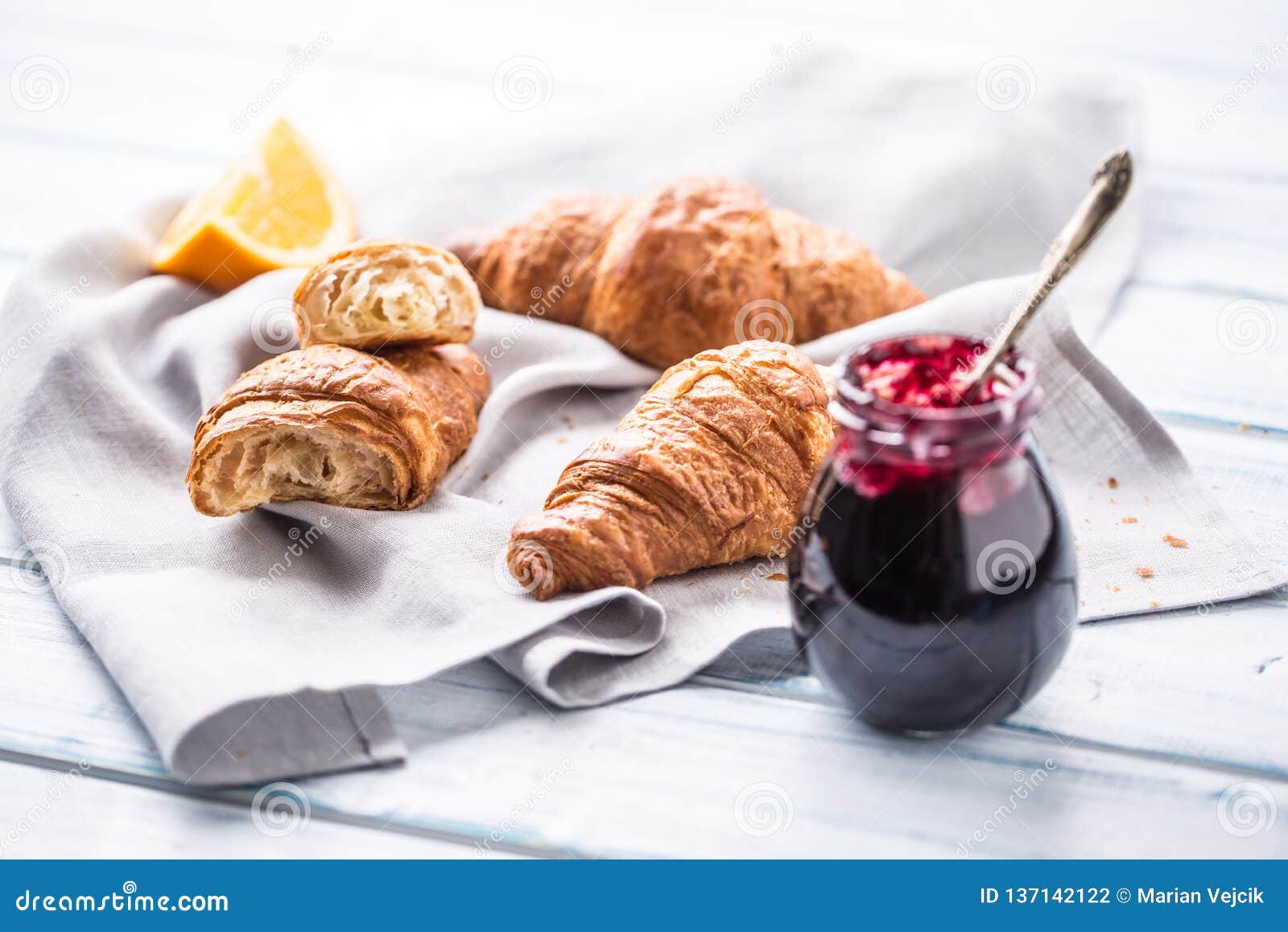 Fresh Buttery Croissants Marmalade and Oranges on Kitchen Table Stock ...