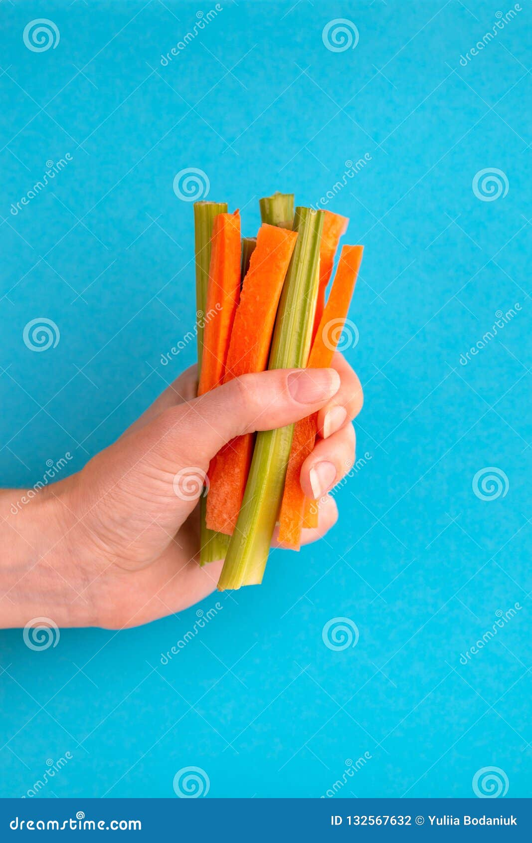 Fresh Carrots and Celery Sticks in Woman`s Hand Stock Photo - Image of ...