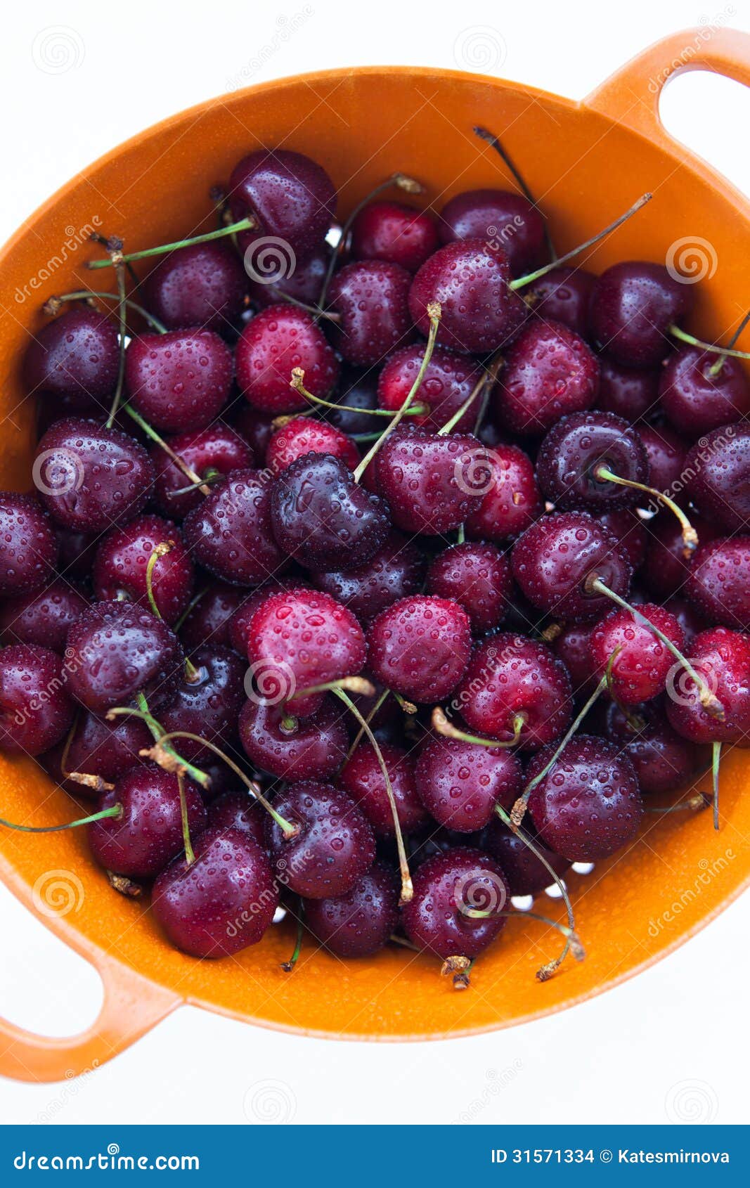 Fresh Cherries in the Orange Colander Stock Photo Image of fruit