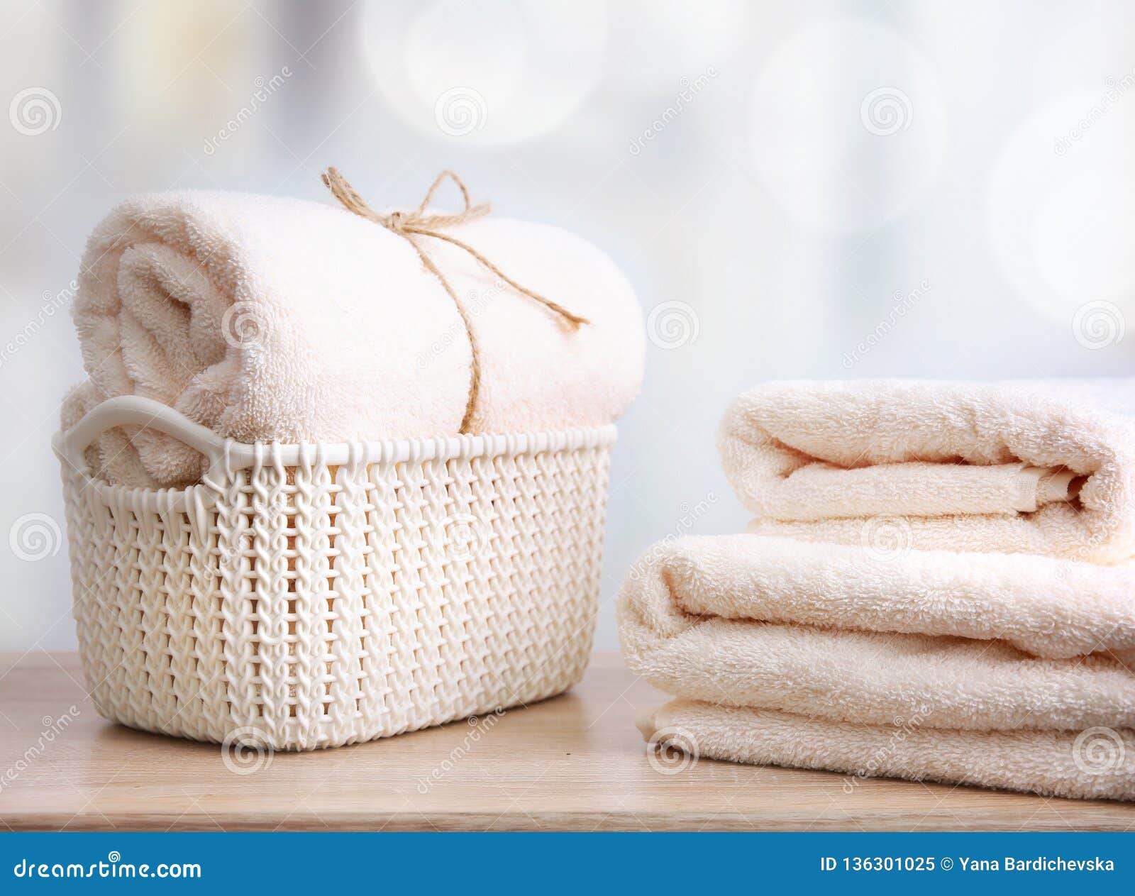 Fresh Clean Towels on Wooden Table Stock Image - Image of laundry, hotel:  136301025