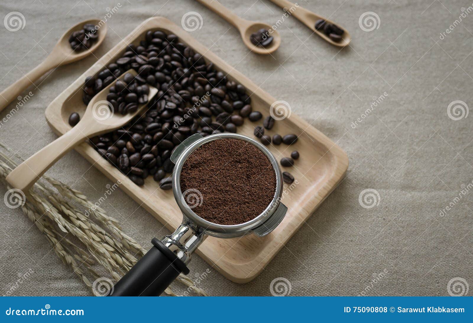 Fresh Coffee Beans and Coffee Maker Prepared on the Desktop Stock Photo